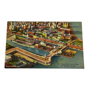 Vintage 1950's Postcard Outer Drive Link Bridge & Skyline Chicago Curt Teich & C